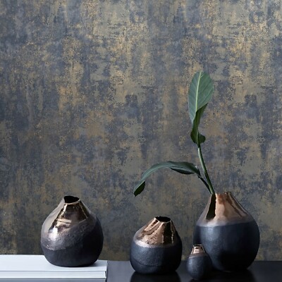 Wallpaper rustic navy blue gray gold Plain Textured modern faux Concrete plaster