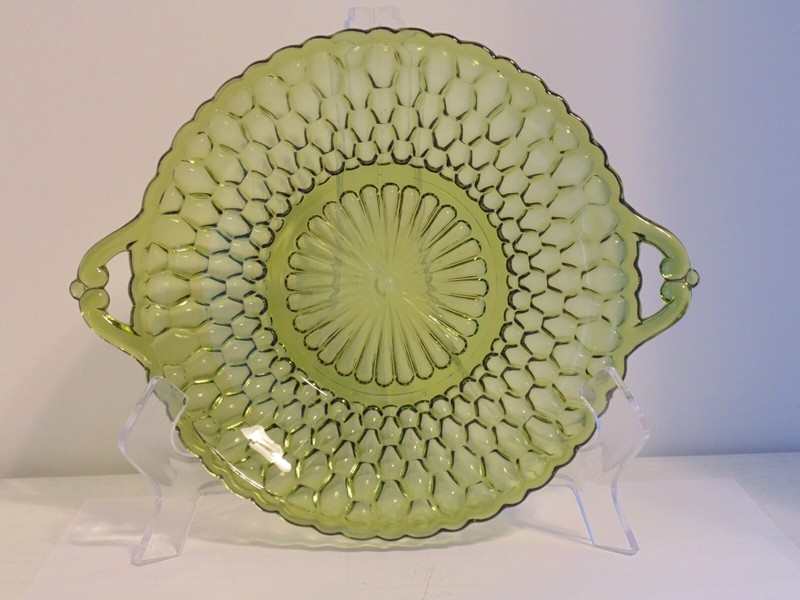 Vintage Indiana Glass Green Honeycomb Relish/Candy Dish with Double Handle