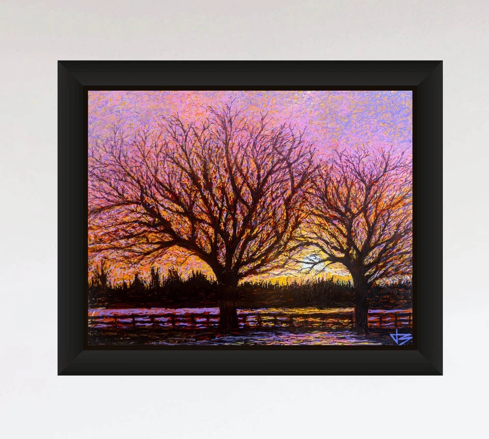 Pintura al óleo original enmarcada Sunset Trees 11x14 sobre vidrio acrílico colorido Monet Foto 2 de 3