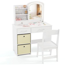 Kids Vanity Set Princess Makeup Desk and Chair w/ Mirror and Lights Open Shelves