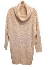 Vintage Turtleneck Sweater Preppy Braid Cable Knit OVERSIZED Sz S Beige Texture