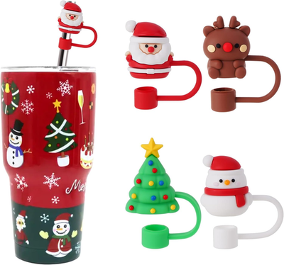 #ad 4 Pcs Christmas Straw Cover Cap for Stanley Cup 10mm 0.4in Stanley Accessories $16.99