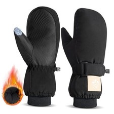 Kids Snow Mittens Waterproof Insulated, Warm Snow Gloves Boys Large Black