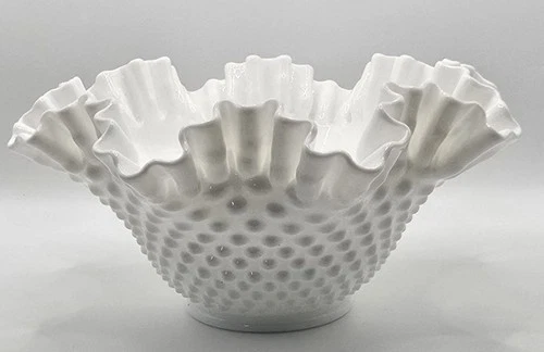 Vintage Fenton White Milk Glass Hobnail Ruffled Crimped Edge Bowl 9" Candy Dish