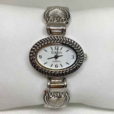 Eikon women s hearts cuff bracelet watch 30mm silver tone quartz 6.5  running