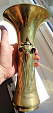 LARGE JAPANESE MEIJI GILDED BRONZE / BRASS TRUMPET VASE RAISED IRIS DESIGN