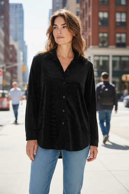 Misook Velour Velvet Burnout Black Button Down Stretchy Top XXL Office Comfy