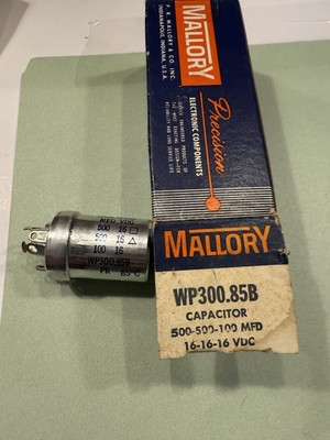 Vintage Mallory WP300.85B Multi-Section Metal Capacitor 500/500/100 MFD 16V NOS