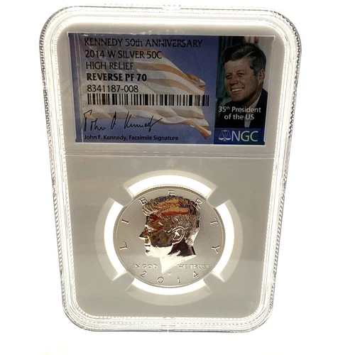 2014-W Kennedy 50th Anniv Silver Half High Relief NGC Reverse PF70 JFK Label