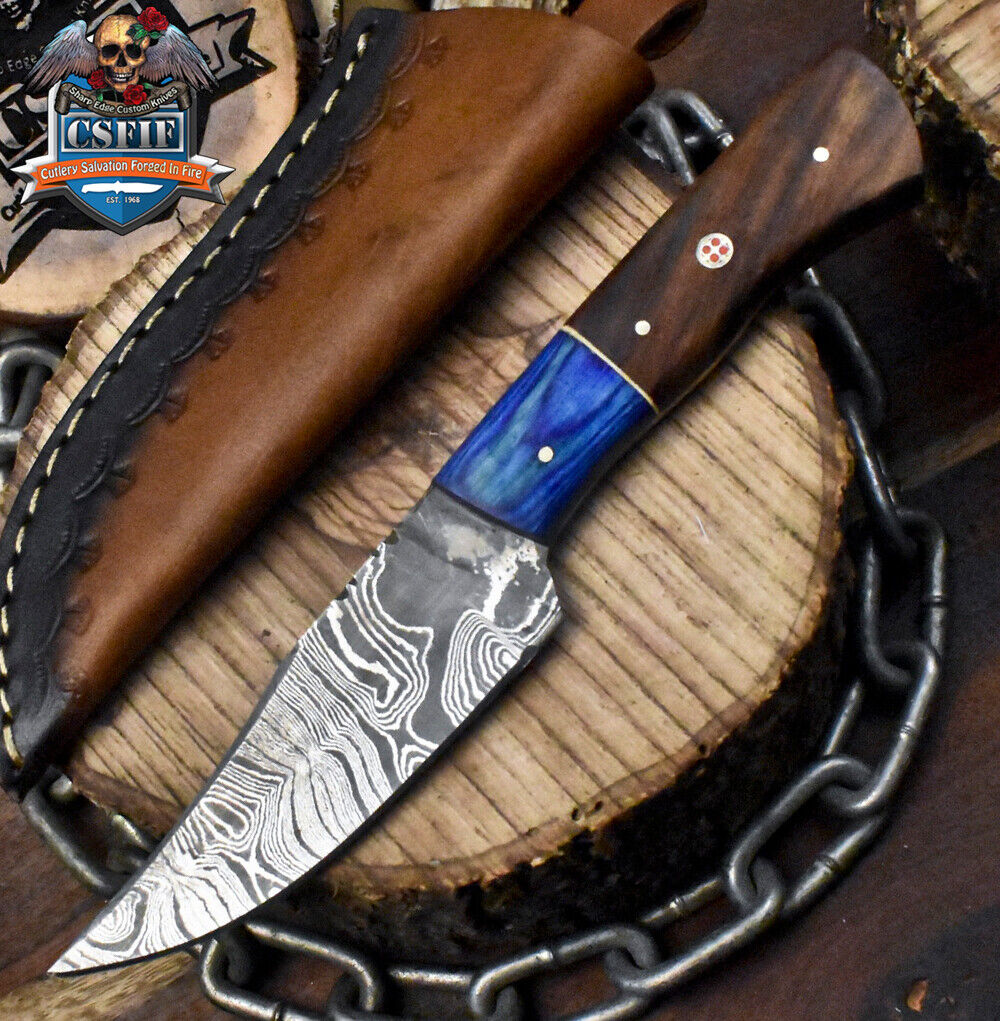 CSFIF Forged Skinner Knife Twist Damascus Walnut Wood Wooden Bolster Fishing