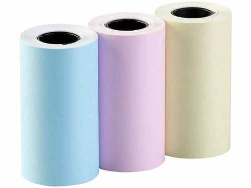 3 rouleaux de papier thermique autocollant - 80 mm x 3,5 m - Bleu, rose et jaun
