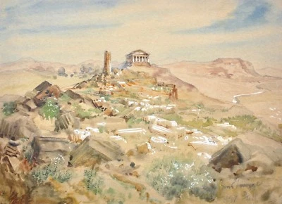 Aquarell "Zum Steinhygel", Ruine des Concordia Tempels Girgenti (Agrigent), 1831 - Bild 1 von 4
