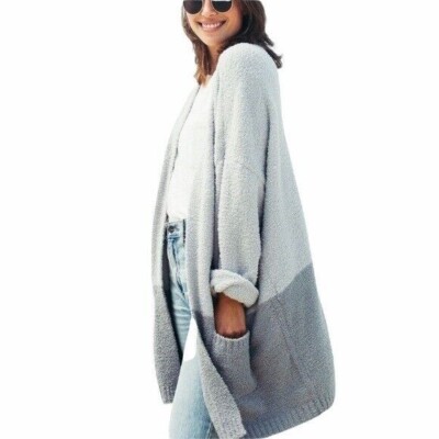 Thread & Supply Open Cardigan Sweater Weekend House Ct Wide Stripe Gray Fuzzy