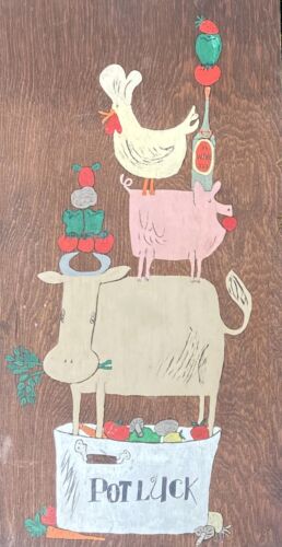 2 pièces. Plaque murale vintage peinte à la main cuisine art-cuisine-aliments bois-1968-signée - Photo 1/8