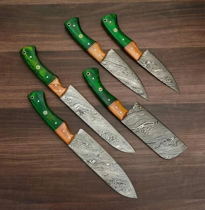 Hermoso juego de 5 cuchillos de chef hechos a mano personalizados de acero Damasco forjado -1010 R.W, Foto 4 de 4