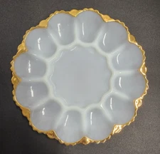 Anchor Hocking Milk Glass Devil Egg Platter White 12 Serving Dish Gold trim VNTG