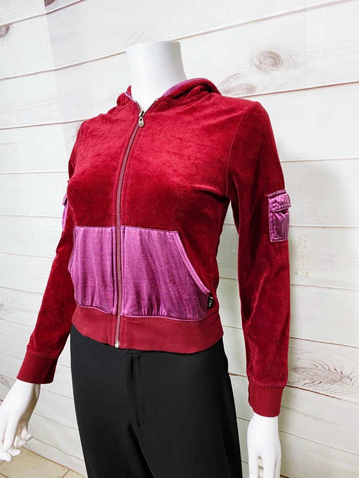 BCBGMAXAZRIA Mujer Terciopelo Sudadera con Capucha Talla S Borgoña Cremallera Completa Bolsillos Manga Larga Foto 3 de 4