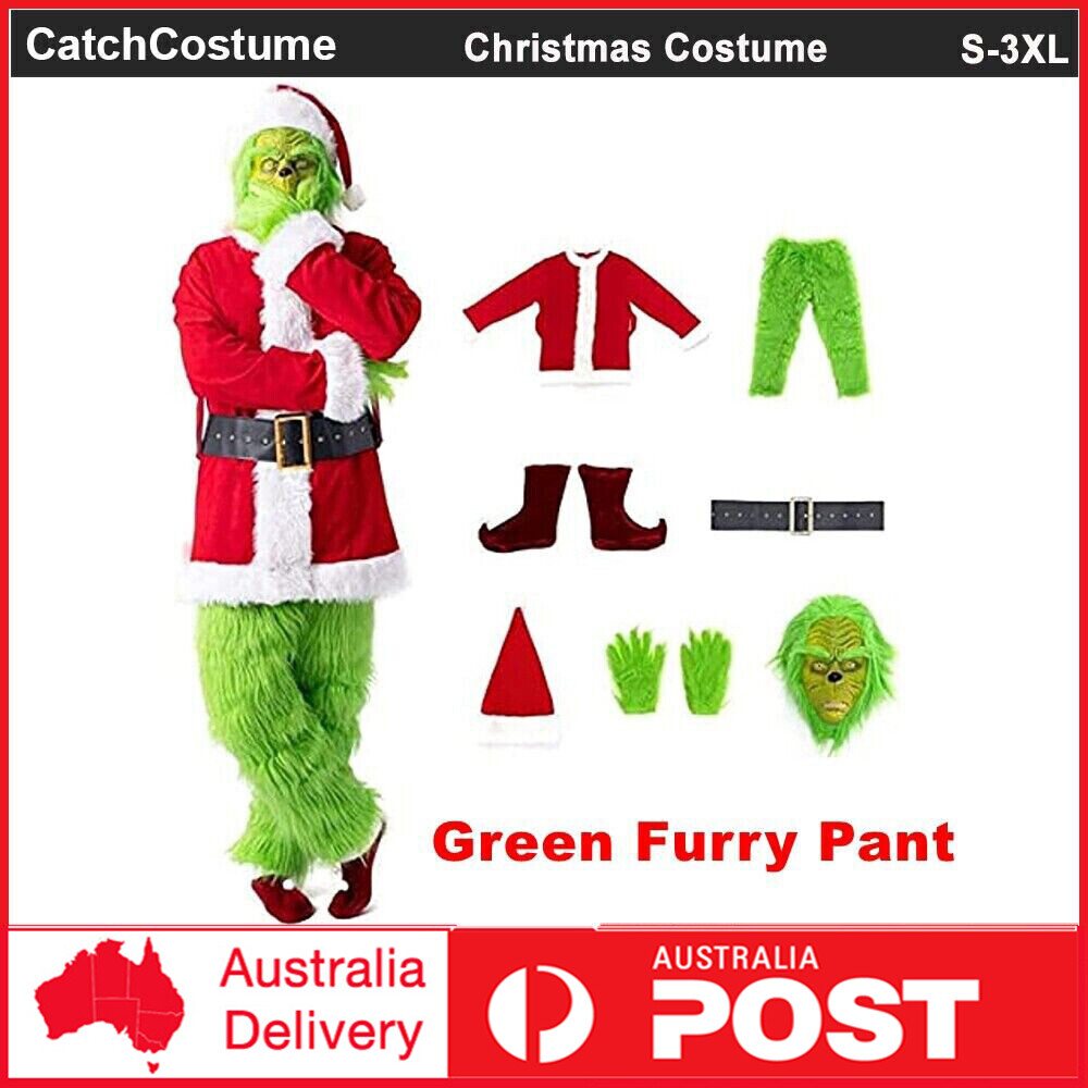 Adult Grinch Christmas Costume 7Pcs Xmas Furry Santa Suit Cosplay Fancy Dress