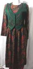 Vintage Another Thyme Paisley Vested Midi Pleated Dress Green Cottagecore Sz 8