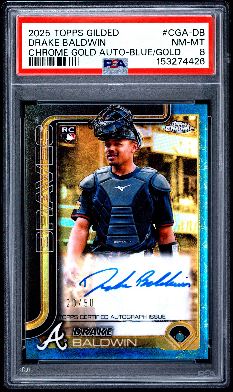 2025 TOPPS GILDED COLLECTION TOPPS CHROME GOLD AUTOS DRAKE BALDWIN 20/50 PSA 8
