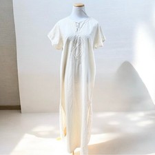 Vintage 70's Hawaii Boho Embroidered Ivory Resort Wear Kaftan Gown Womens Large