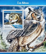 HOJA DE ESTAMPILLAS DE BÚHOS DE GUINEA MNH 2017 GRAN BÚHO CORNUDO AVES RAPACES AVES FAUNA