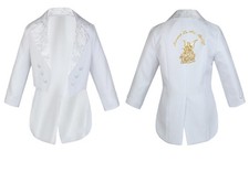 5 pcs Baby Toddler Boy Christening Baptism White Suit Word in Spanish Gold Angel
