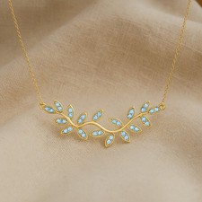 Aquamarine Leaf Vine Pendant 14K Gold Necklace  March Birthstone  1030