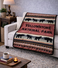 Yellowstone National Park Bear Throw Blanket Fleece Rustic Lodge 49x49 USA Made