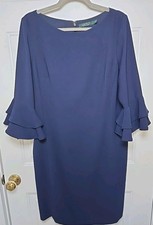 Ralph Lauren Navy Blue Knee Length Dress 3/4 Sleeves Ruffle Detail Zip Back 14