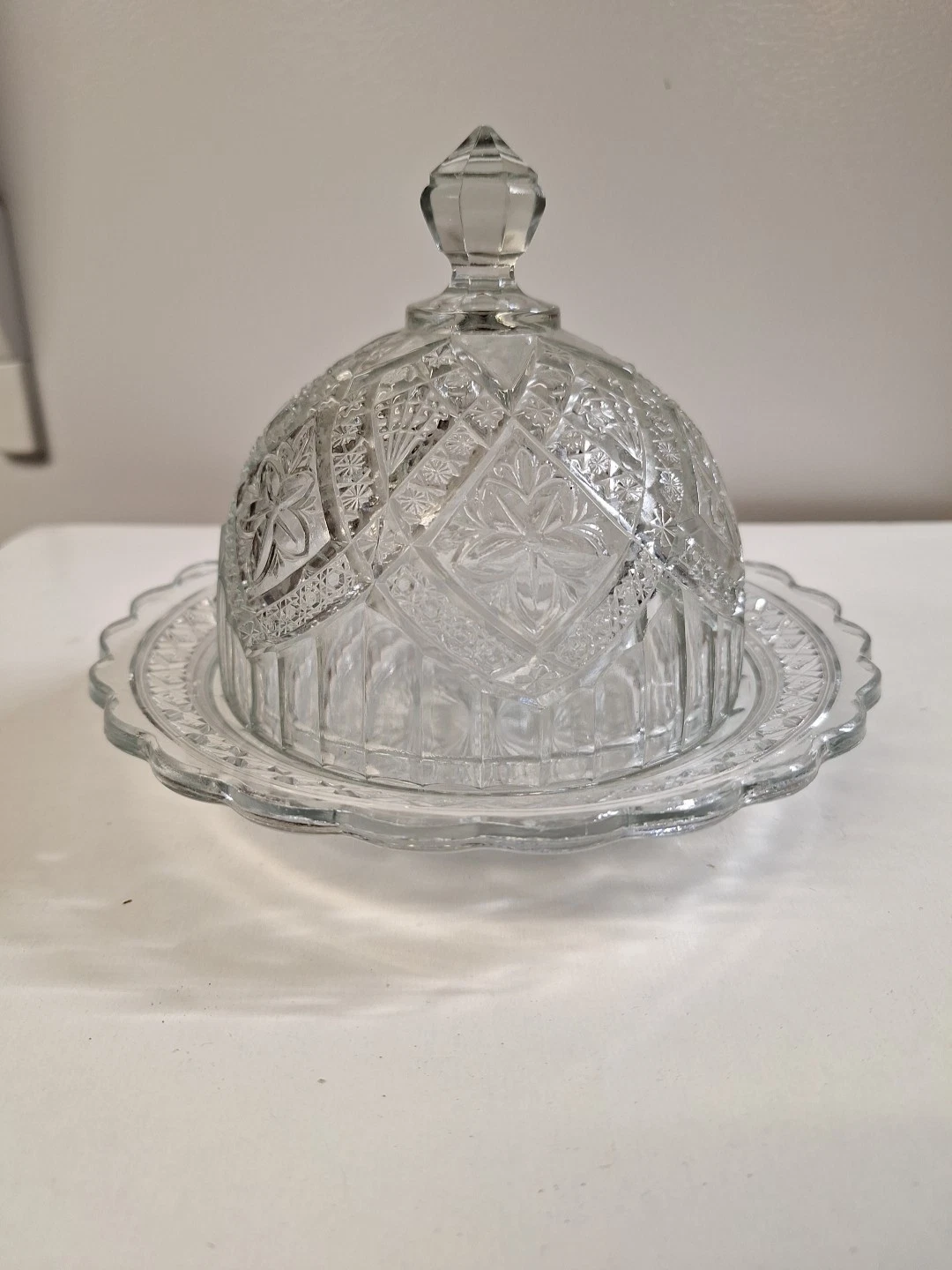 Butter Dish Round Floral Pressed Glass 7” Vtg