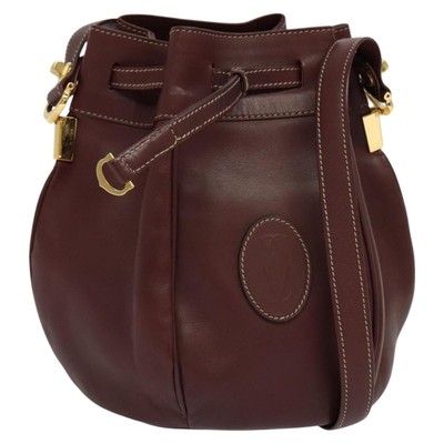 CARTIER Shoulder Bag Leather Bordeaux Gold Auth yk17619