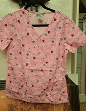 SB Scrubs Cute Pink Flowers, Circle  Bugs V-Neck Uniform Top NWOT SIZE XS