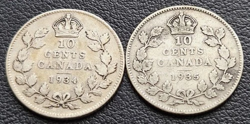 1934 & 1935 Canada Silver 10-Cent Dimes - 80% Silver Coins