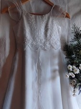 White Floral A-Line Long Dress Girls Size 7 Organza Cap Sleeve Lace Bow Formal