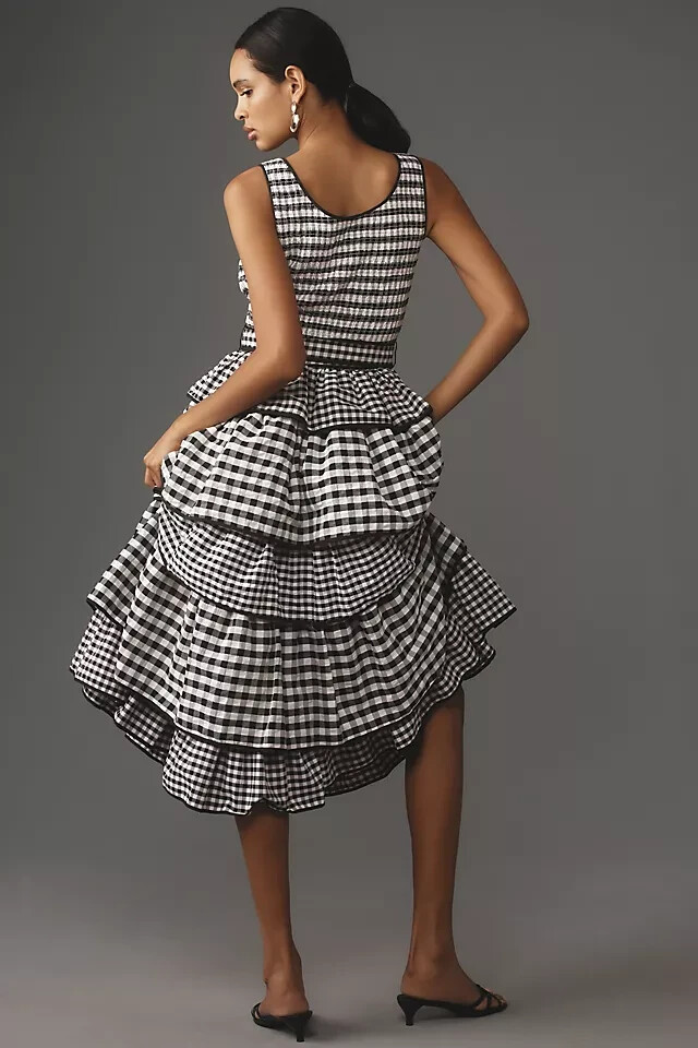 Hunter Bell Andrea Tiered Midi Dress Anthropologie  B&W Plaid Checkered  8 NEW