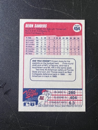 1990 Fleer Deion Sanders New York Yankees #454 QTY - Picture 2 of 2