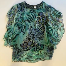 Vtg 90s Fairycore Top Large Blue Green Leopard Flutter Sleeve Sheer Animal Print