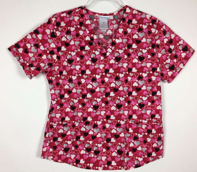 SB Scrubs Scrub Top Size XS Red Black Pink Hearts Valentines Nursing