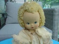 Vintage Felt Doll Curly Hair Lace Accent Dress Painted Facial Features 11"