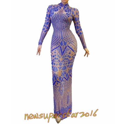 Women Performance Costume Dress See Through Fake Gemstone Dancer Stage Skirt