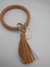 Brown Oversized Round Tassel Wristlet Keychain Womens Leather Bracelet Gifts Val