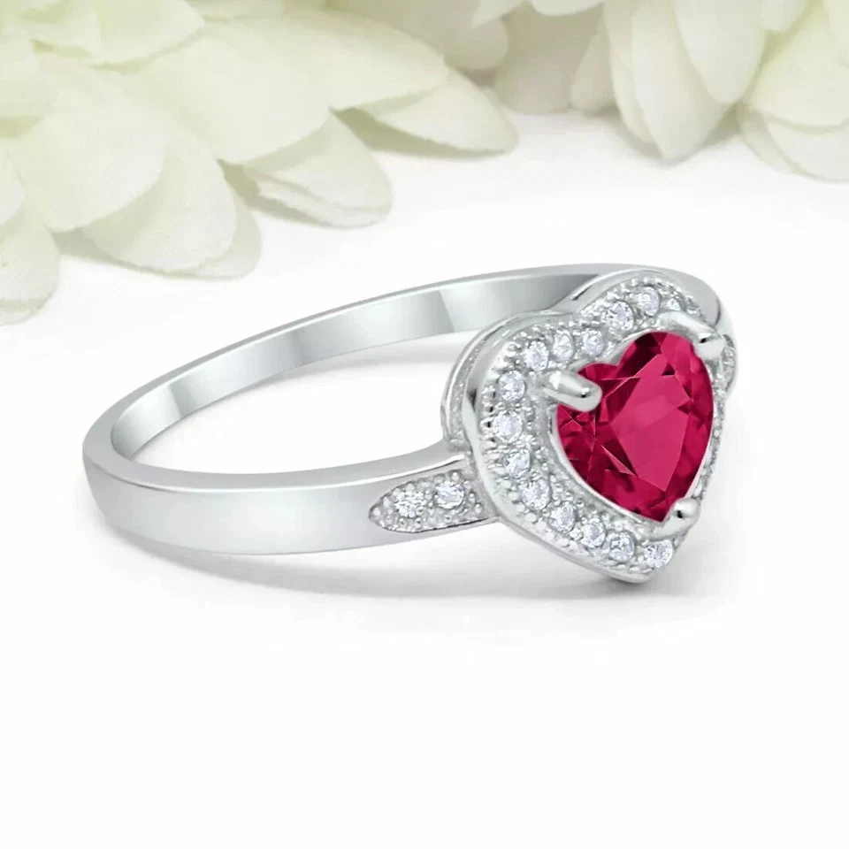 2Ct Heart Cut Ruby Simulated Halo Engagement Ring 14k White Gold Plated - Image 2 of 2
