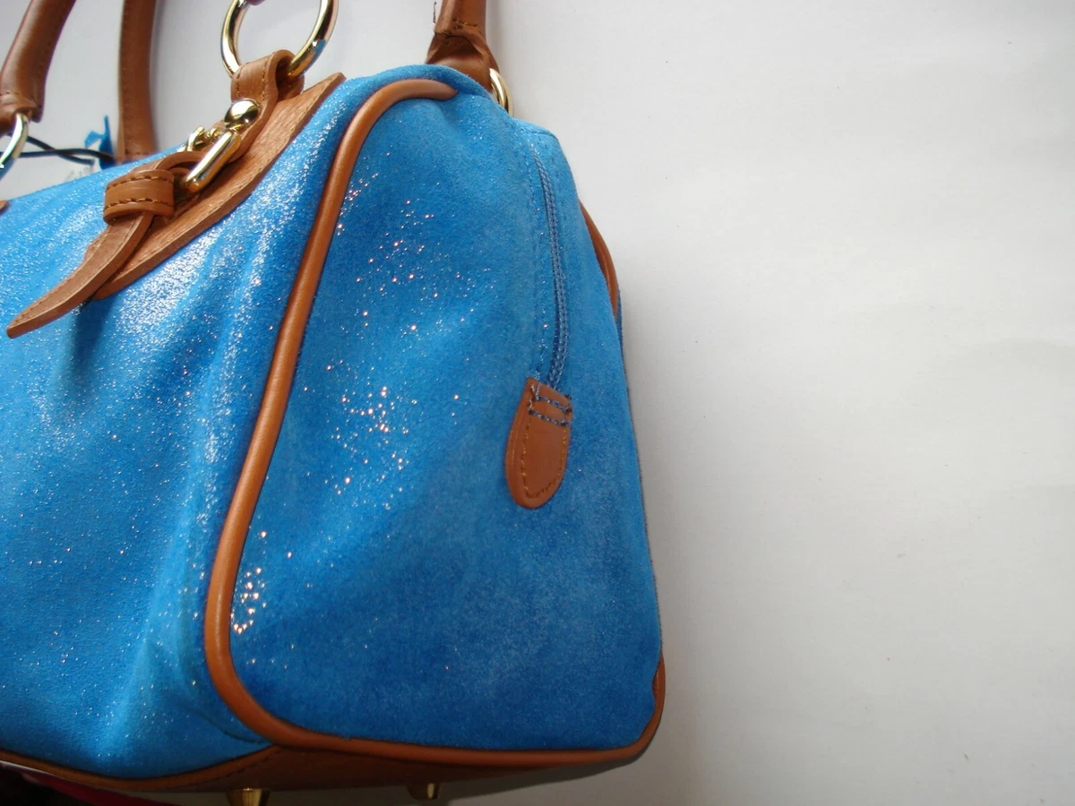 VALENTINA Italy shoulder leather handbag grab bag denim blue tan luxury