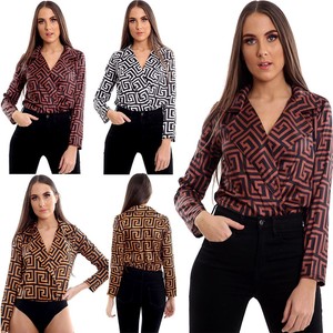 UK Womens Ladies Floral Print Tuxedo Wrap Over Satin Bodysuit Leotard Blouse Top
