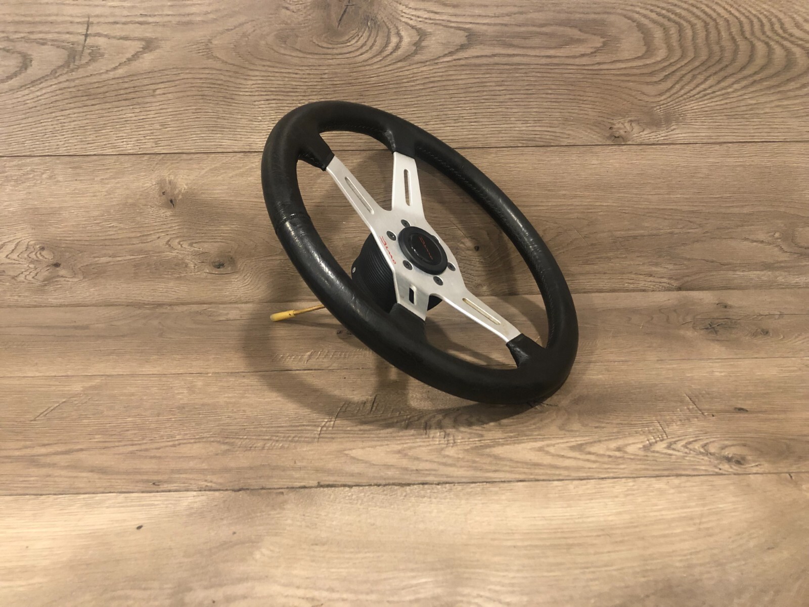 FERRARI DINO LEATHER VINTAGE STEERING WHEEL 4 SPOKE PUSH BUTTON HORN BLACK 
