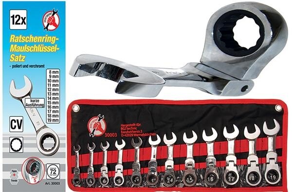 Set 14 pezzi, chiavi combinate a cricchetto extra-corte con snodo, 8-19 MM BGS