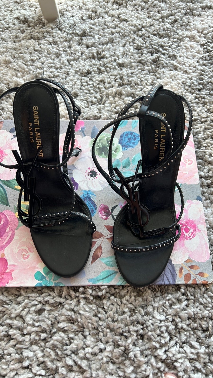 YSL SAINT LAURENT CASSANDRA 95 mm nero borchie tacco a stiletto 37