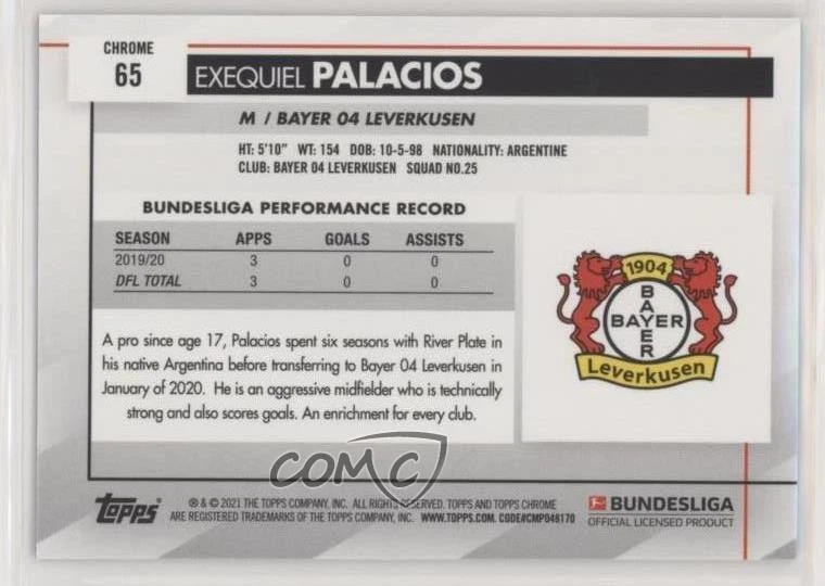 2020-21 Topps Chrome Bundesliga Sapphire Edition Exequiel Palacios #65 - Image 2 of 2