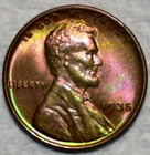 Brilliant Uncirculated 1935-P Lincoln Cent, Gorgeous, Lime Green & Violet Toner!